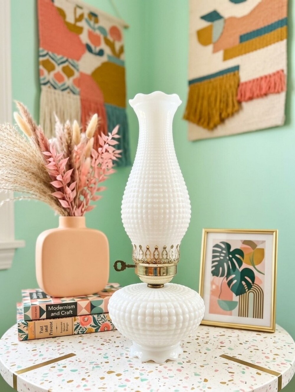 White Hobnail Glass Boudoir Hurricane Table Lamp